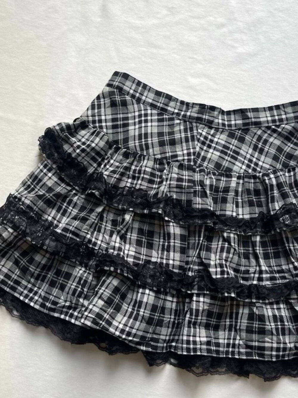 Black & White Plaid Mini Skirt – Tiered Ruffle Lace Trim Y2K Preppy Skirt - Picture 5 of 5